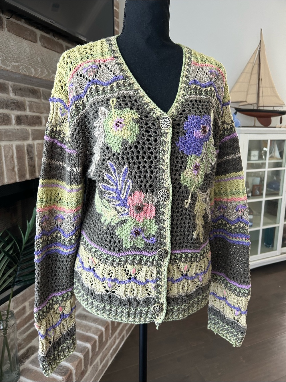 Vintage Sigrid Olsen Sport Floral Hand Knit Cardigan Sweater Cottagecore Sz M